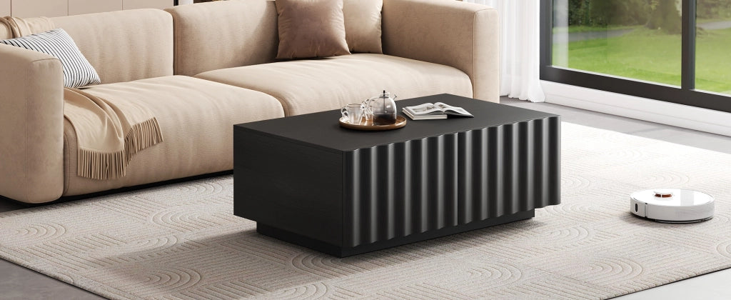 Tavolino basso con 2 cassetti e frontale a onde, per soggiorno, in MDF e pannello truciolare, nero, 100 × 50 × 40 cm