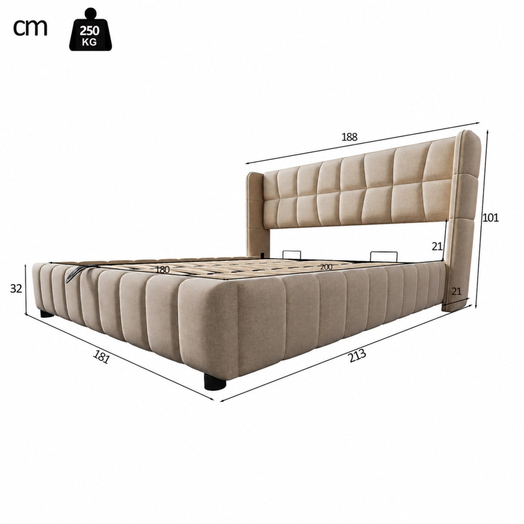 DESMIU Letto Contenitore 180 × 200 cm 2 posti con vano, senza materasso, in tessuto beige