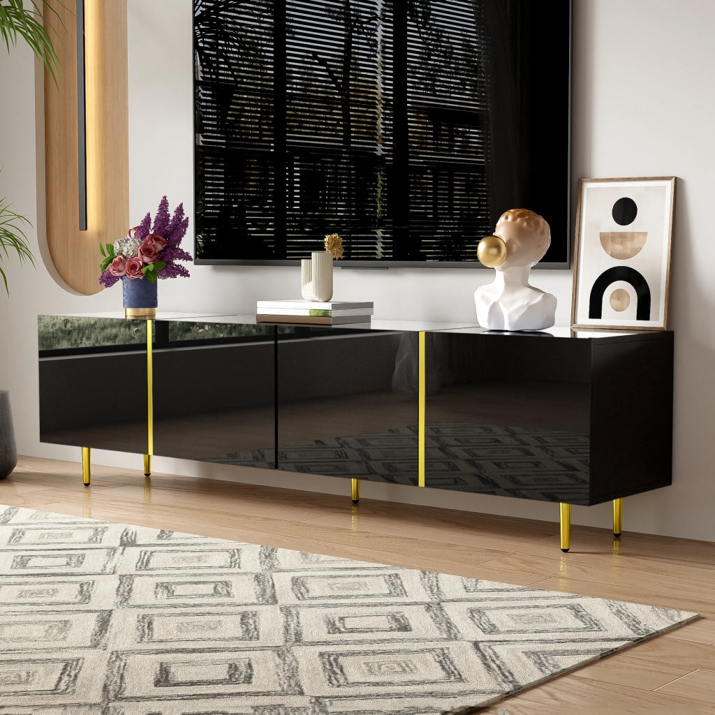 OKWISH Mobile TV con 4 Ante e Cerniere Soft Close, Finitura Lucida, per Soggiorno, MDF, Nero, 170×35×46 cm