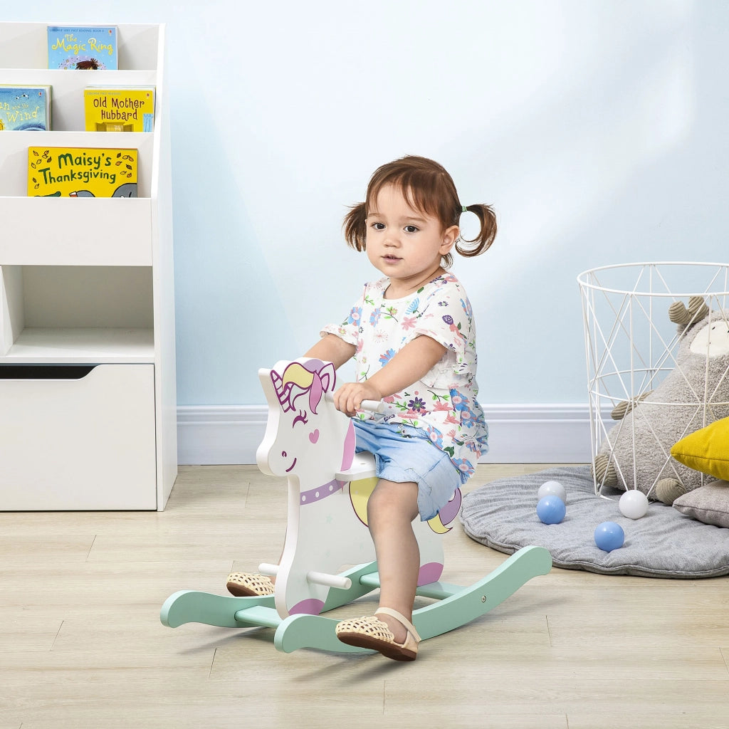 EasyComfort Cavallo a Dondolo per Bambini 1-3 Anni con Maniglie, Schienale e Pedali in MDF, 68L x 27P x 47.5A cm, Multicolore