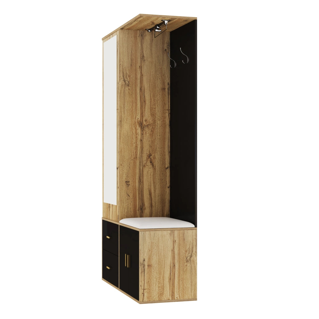 Set mobili da ingresso con specchio, panca portascarpe, scarpiera e appendiabiti, in truciolare nero naturale