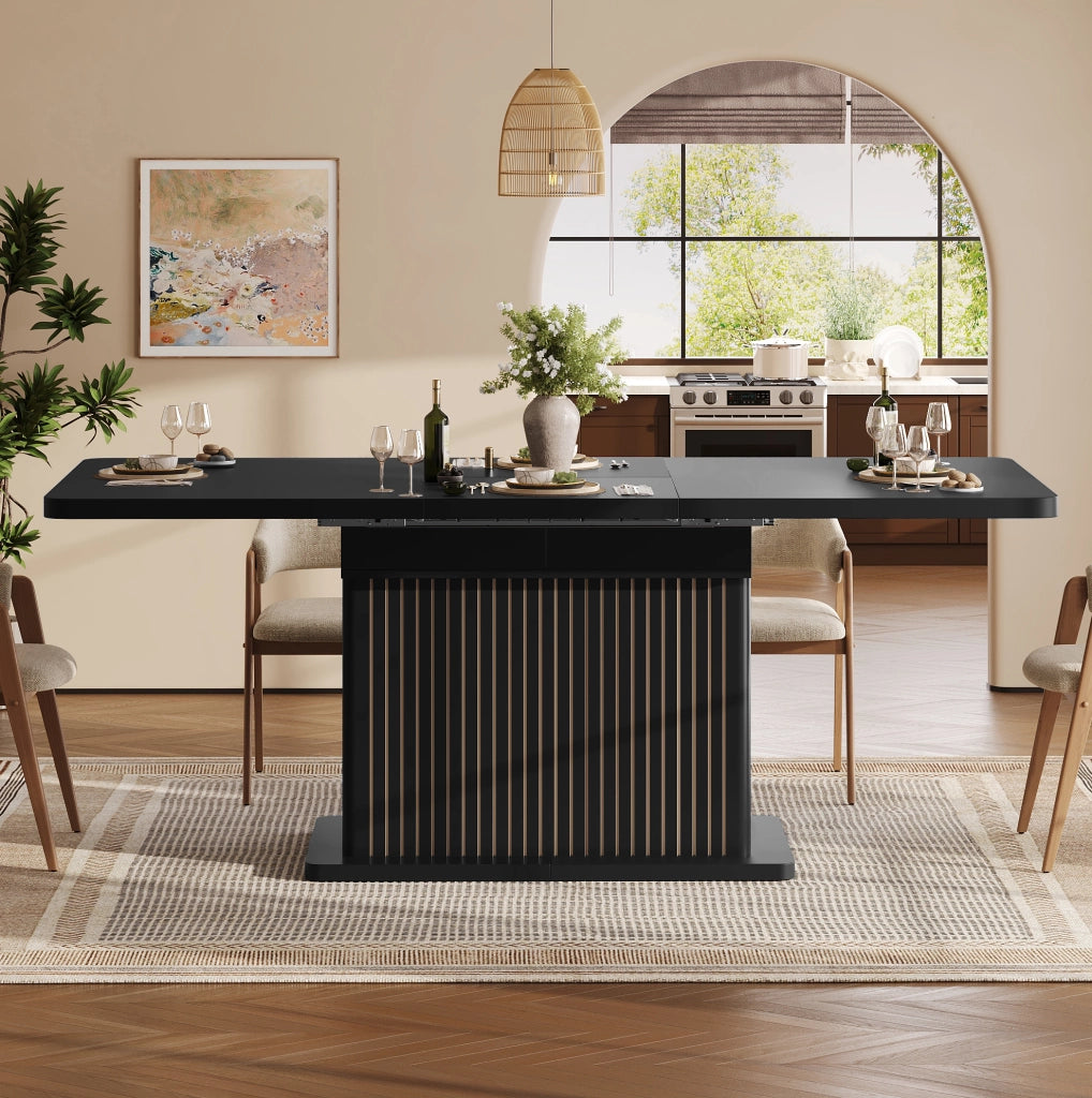 Tavolo da pranzo allungabile 120-160 cm con contenitore; MDF e metallo; nero