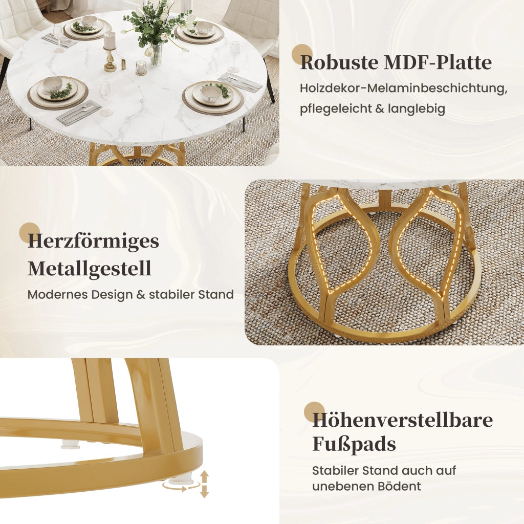 Tavolo da pranzo rotondo con ripiano, per 4-6 persone, in MDF e metallo, bianco e oro, 100 × 100 × 75 cm