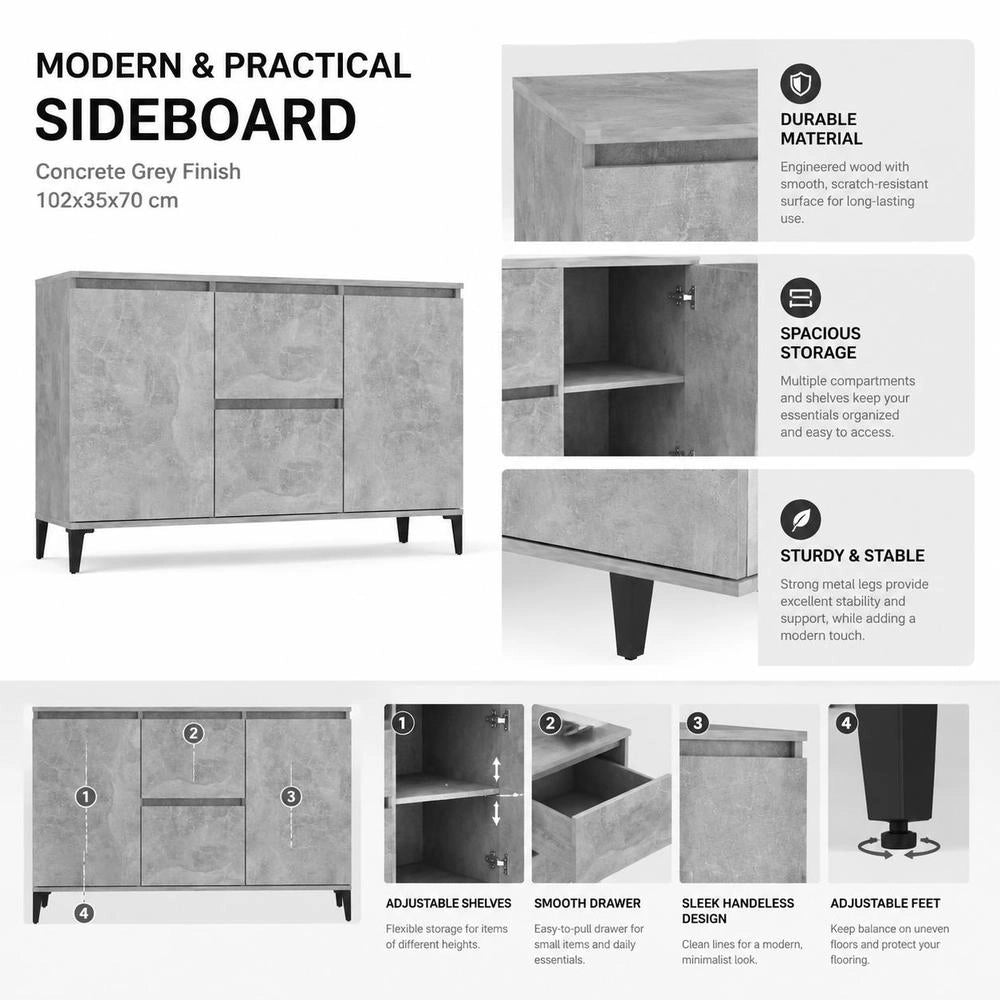 Sideboard Concrete Grey 102x35x70 Cm Wood Material