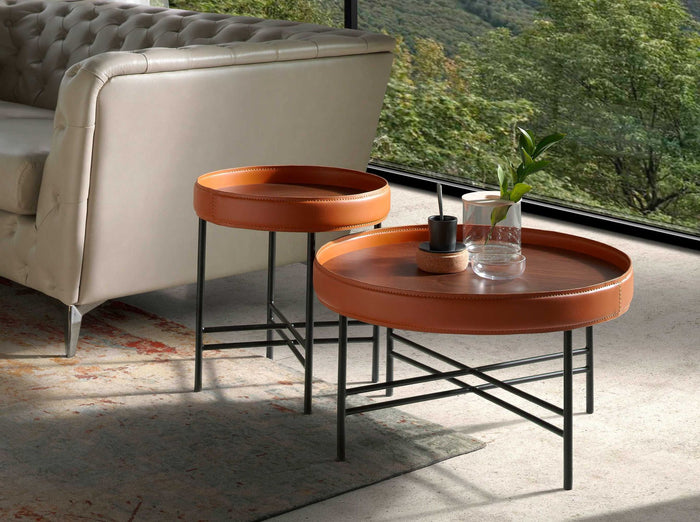 Tavolino rotondo in similpelle, noce e acciaio nero