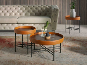 Tavolino rotondo in similpelle, noce e acciaio nero