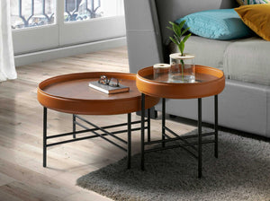 Tavolino rotondo in similpelle, noce e acciaio nero