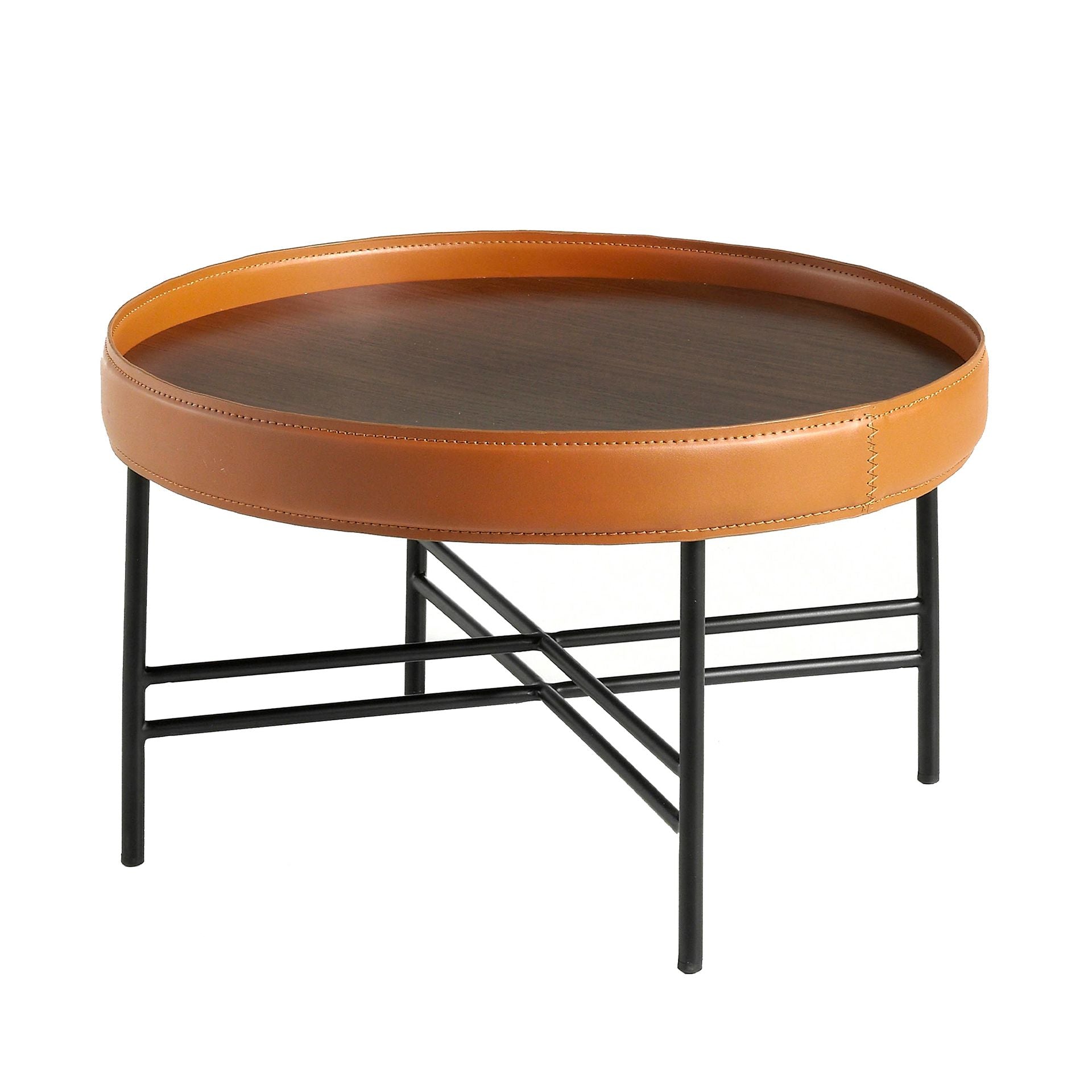 Tavolino rotondo in similpelle, noce e acciaio nero