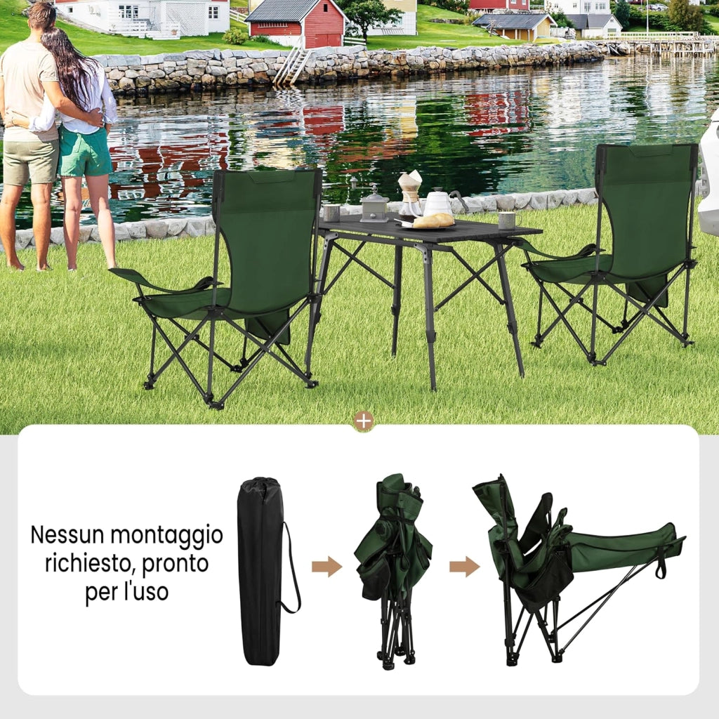 Set di 2 Sedia da Campeggio Portatile Reclinabile, Sedia Pieghevole Esterno con Poggiapiedi, Poggiatesta e Borsa da Trasporto, per Pesca, Giardino, Verde