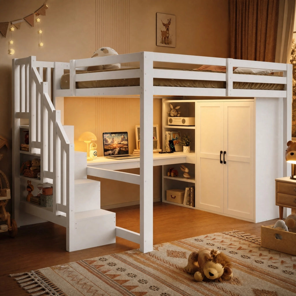 Letto a soppalco 140x200 cm con scrivania; armadio; scala contenitore; LED e USB bianco