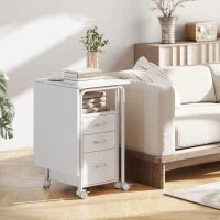 Scrivania per computer pieghevole su ruote, scrivania con ripiani, 3 cassetti, piano estensibile, 105x51x75,5cm, bianco