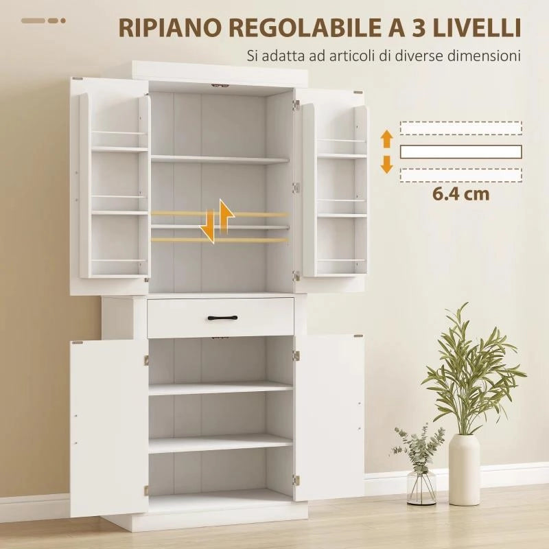 DISPENSA CUCINA IN STILE COUNTRY CON 2 ARMADIETTI, 6 RIPIANI E CASSETTO, IN LEGNO, 76X39.5X183.5 CM, BIANCO