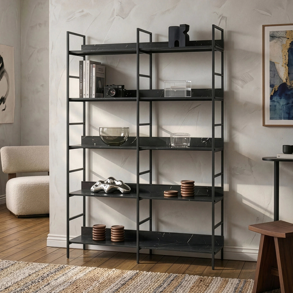 Libreria Noskik Scaffale da Terra con Ripiani 180 x 120 x 30 cm - Nero / Effetto Marmo Nero [en.casa]