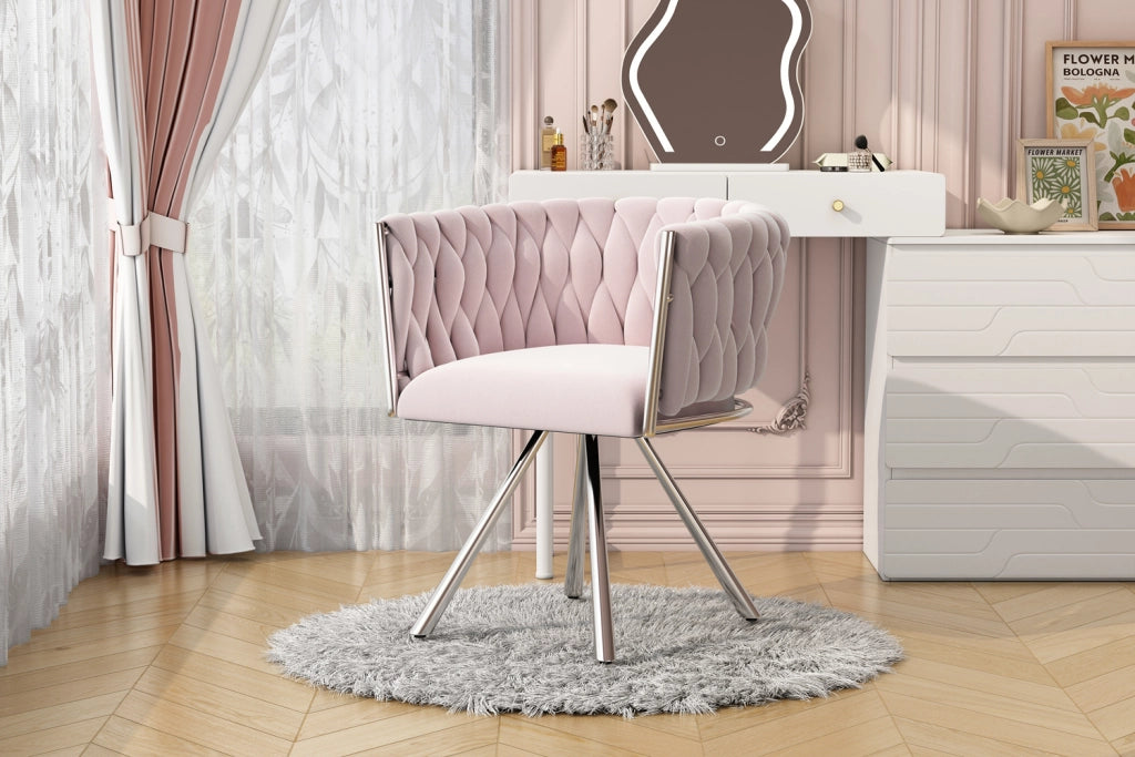 Sedia girevole in velluto rosa con struttura in acciaio, seduta imbottita e schienale ergonomico