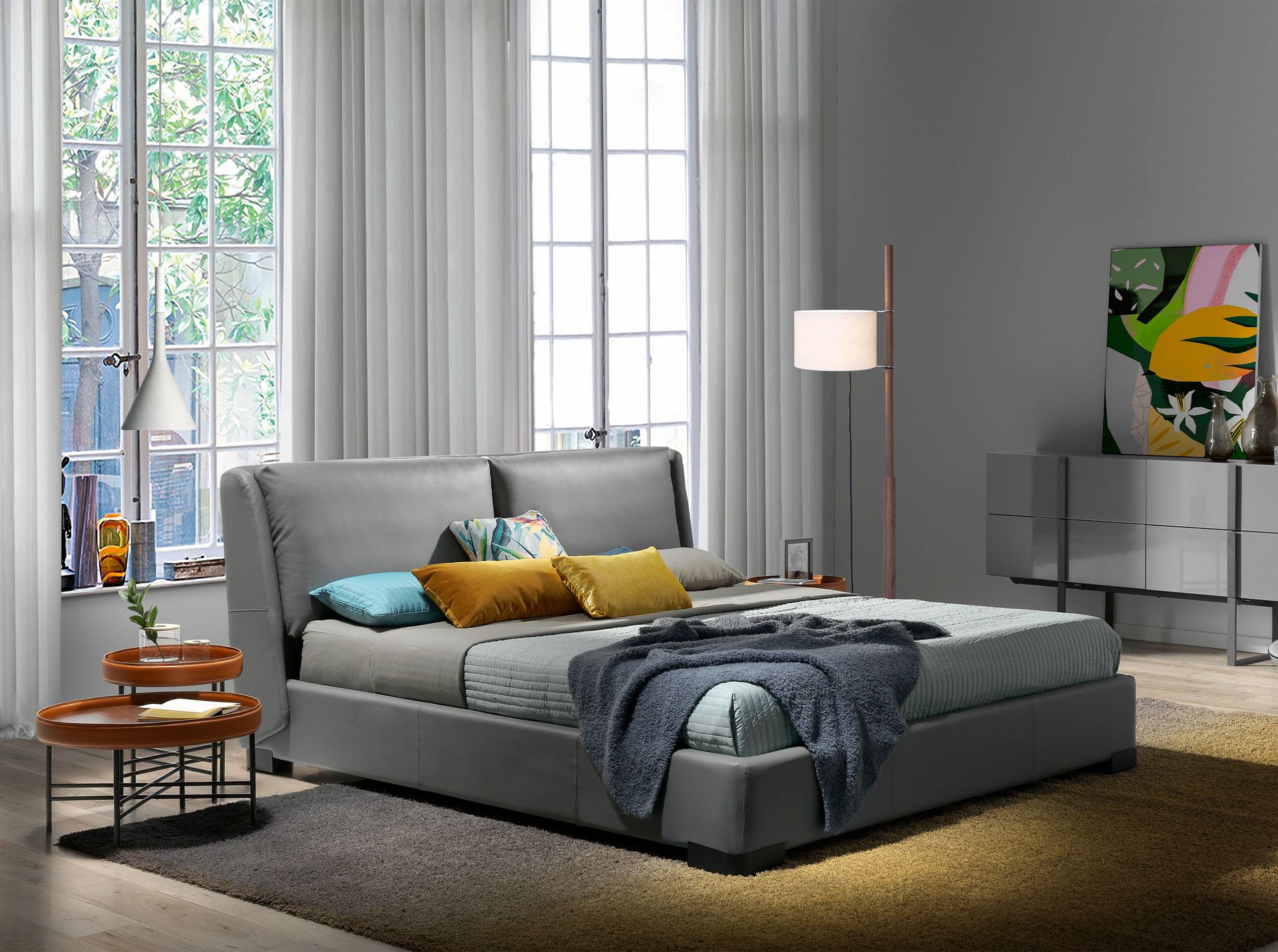 Tavolo angolare rotondo in ecopelle, noce e acciaio nero