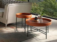 Tavolo angolare rotondo in ecopelle, noce e acciaio nero