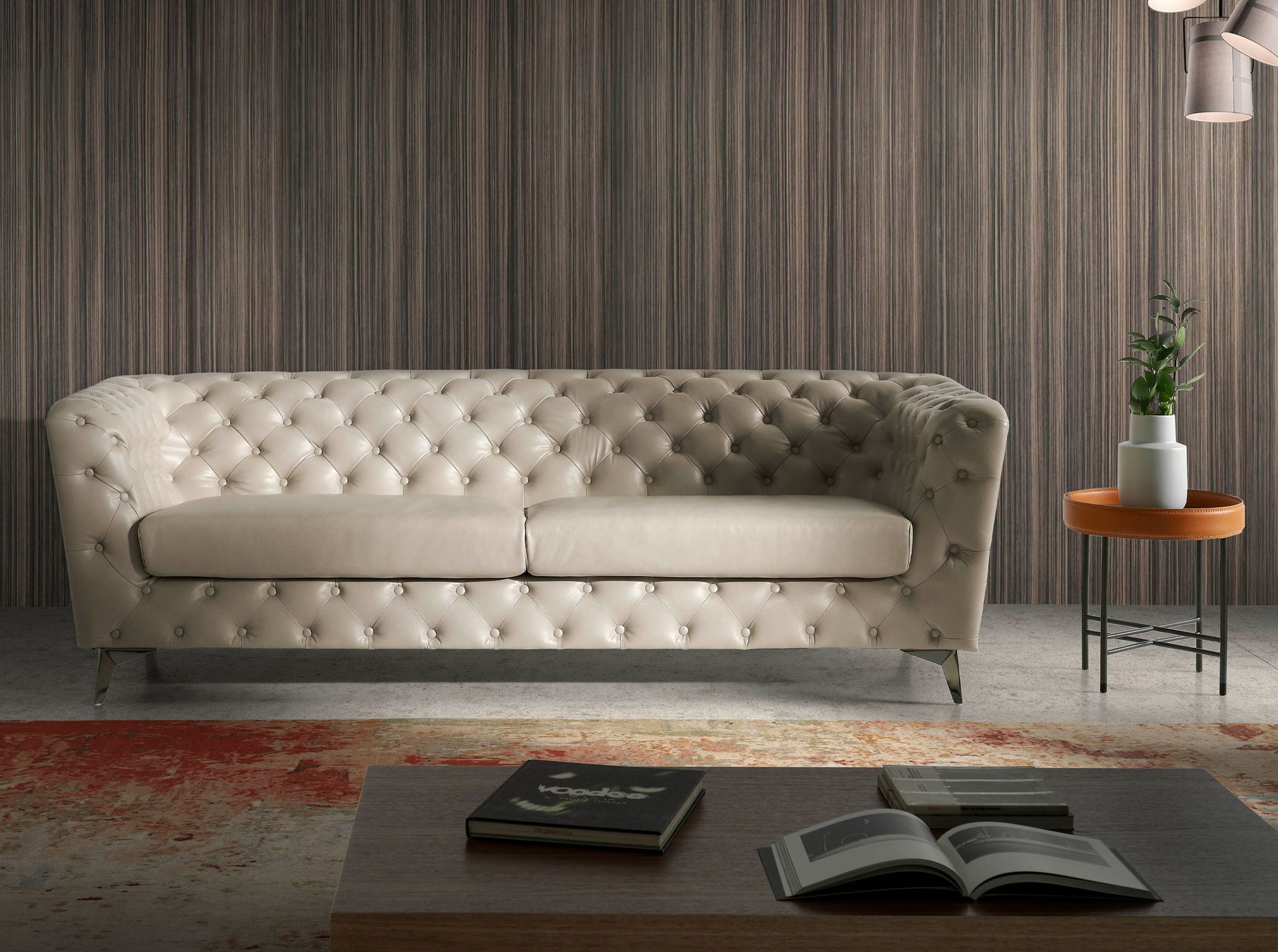 Tavolo angolare rotondo in ecopelle, noce e acciaio nero