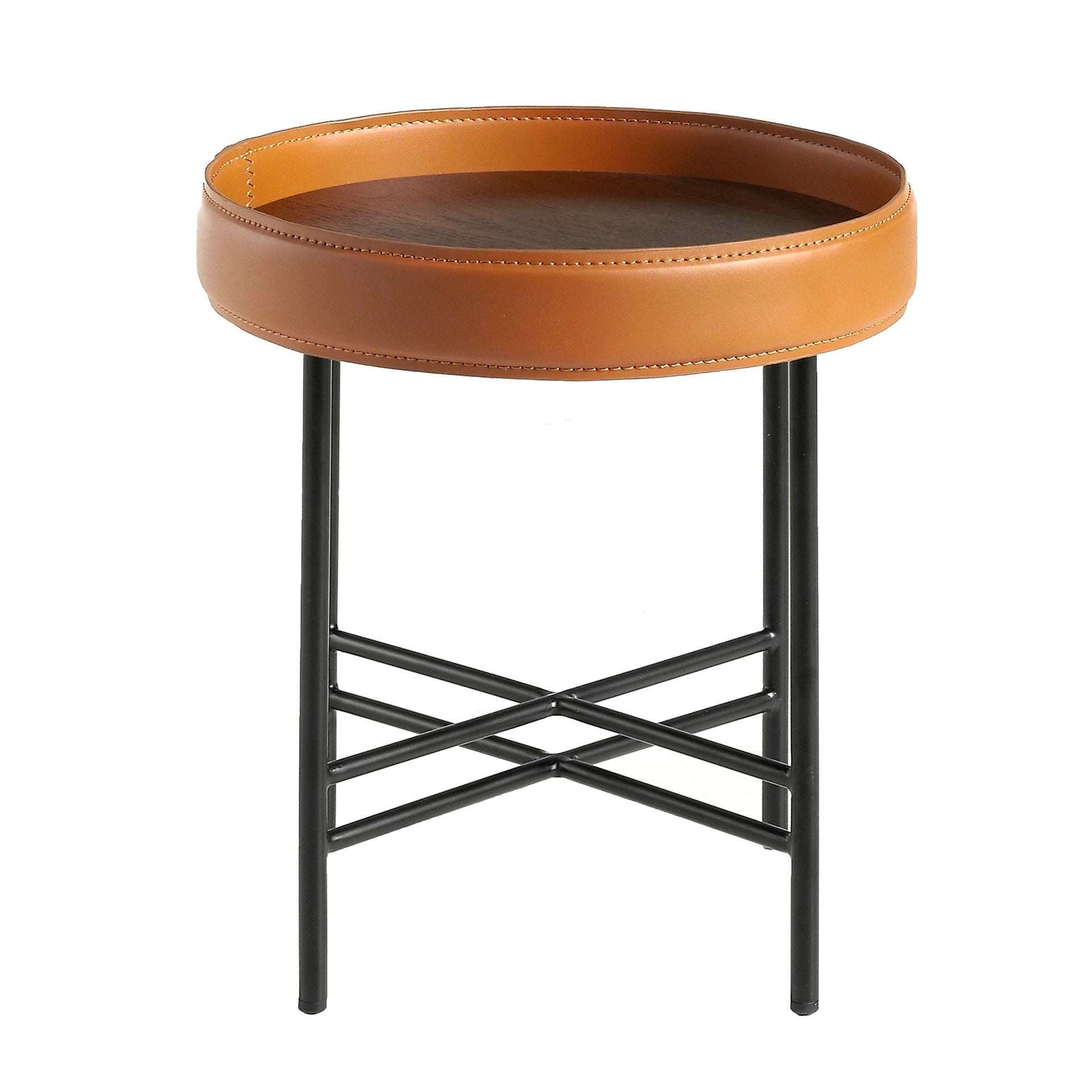 Tavolo angolare rotondo in ecopelle, noce e acciaio nero