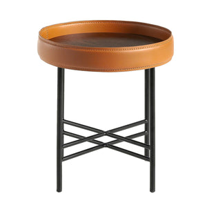 Tavolo angolare rotondo in ecopelle, noce e acciaio nero