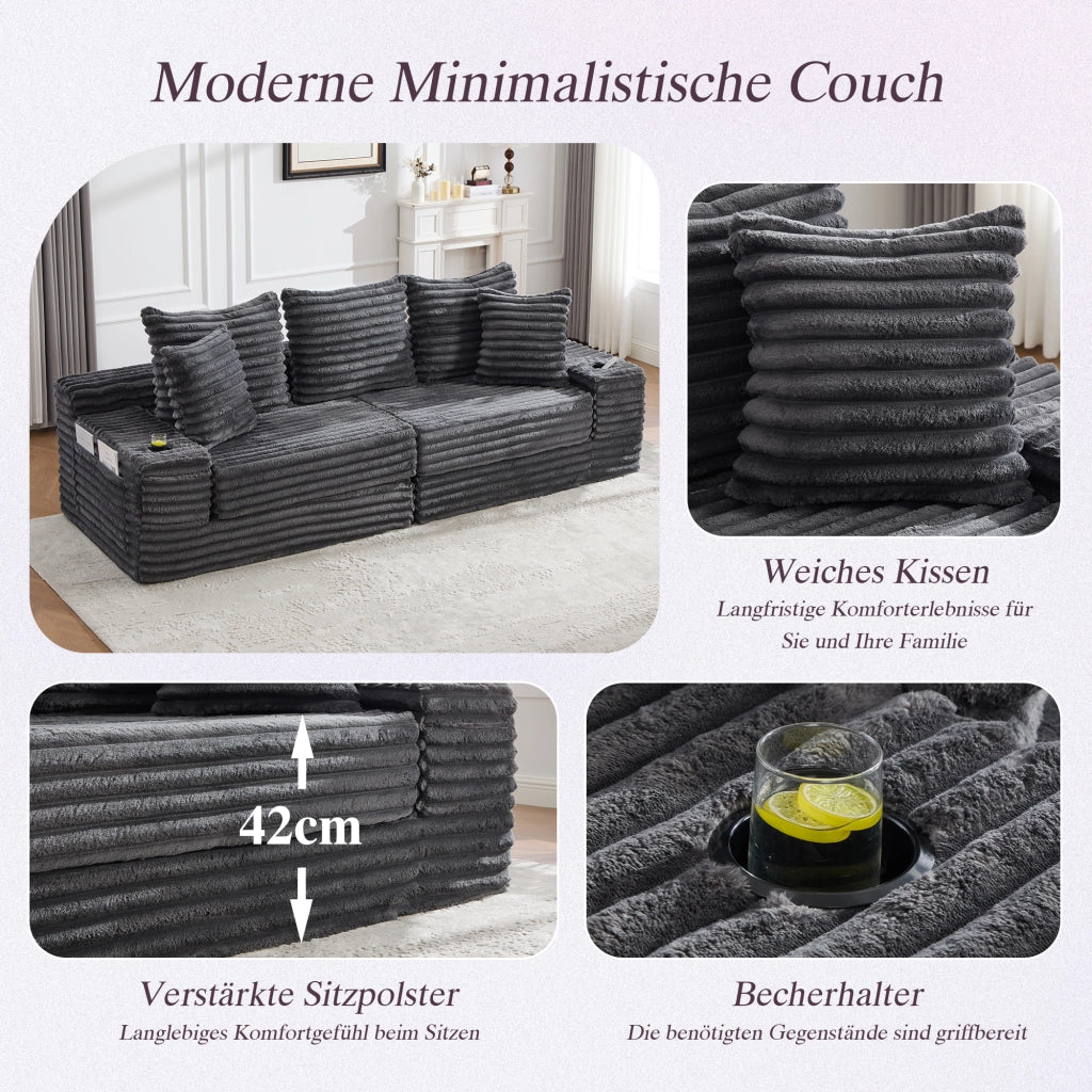 DIVANO Letto modulabile 273x98x87 cm in velluto a coste grigio scuro