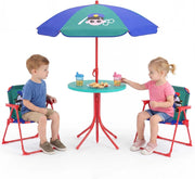 Set Tavolo e Sedie da Giardino per Bambini 3+ Anni con Ombrellone | Set da Esterno 4 Peezi Regolabile in Altezza con Tavolino Rotondo, 2 Sedie Pieghevoli e Ombrellone per Campeggio e Picnic