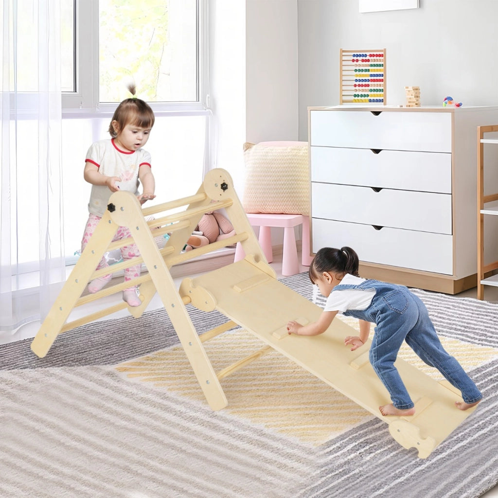 Giocattoli da arrampicata triangolari 3-in-1, Set di triangoli pieghevoli e regolabili in altezza per bambini Naturale-Arrampicate e scivoli