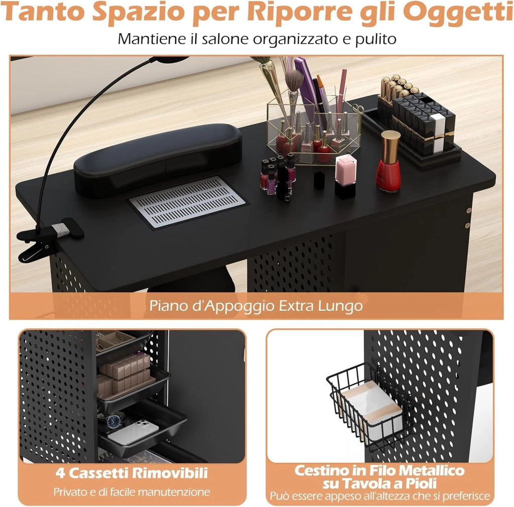 Tavolo Manicure, Tavolo per Unghie con Aspiratore, 6 Ruote Bloccabili, Sacchetti per Polvere, 4 Cassetti, Poggiapolsi, Lampada LED, Cestino Metallico e Armadio