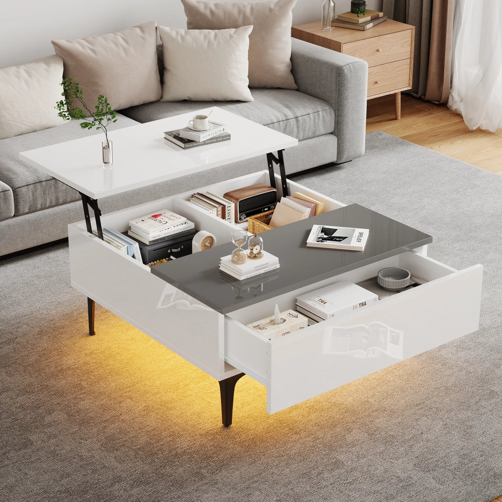 TAVOLO ALZABILE 70x70x35 cm MDF Bianco e Grigio con LED