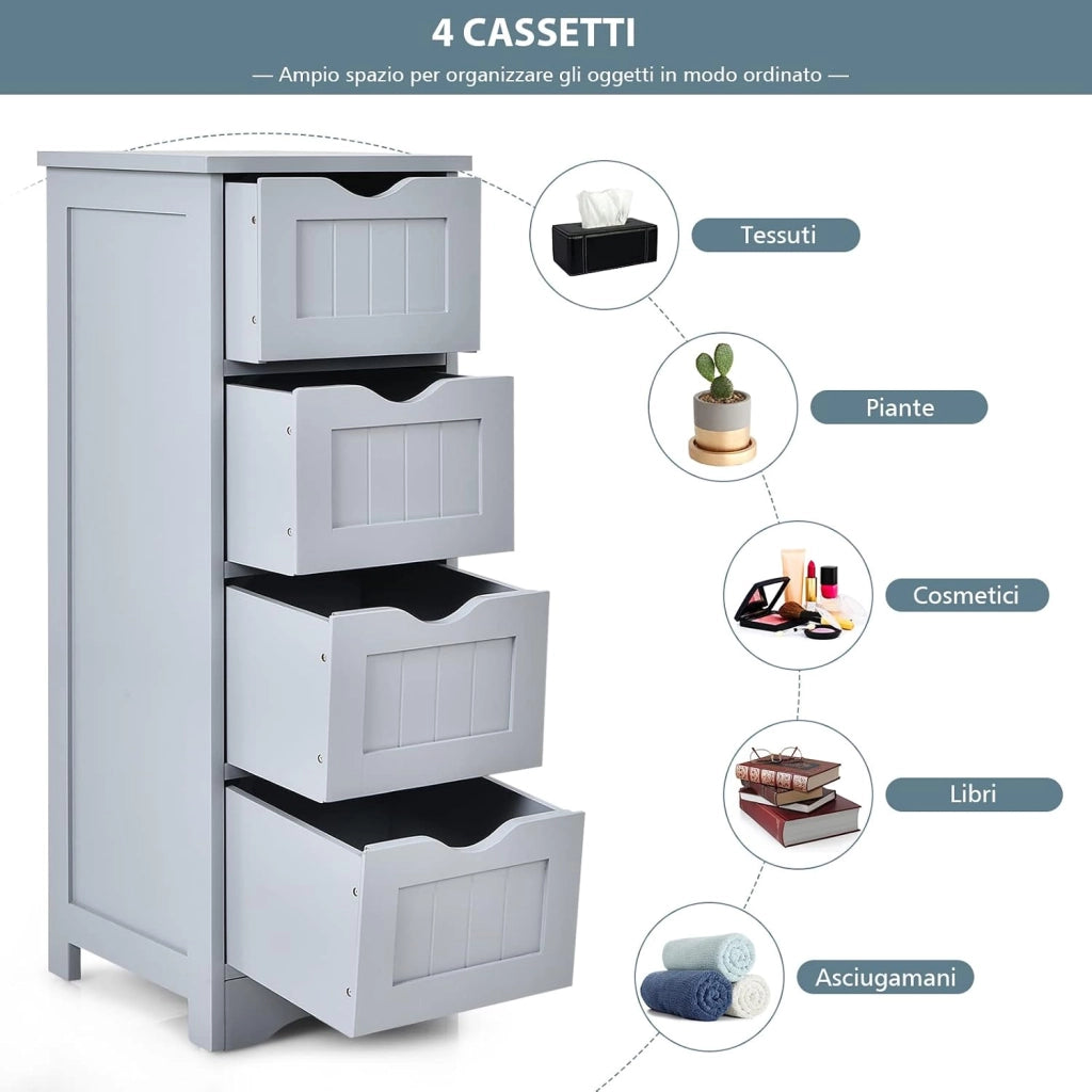 Cassettiera di Legno con Vari Cassetti, Cassettiera Verticale da Terra, Comò Moderno e Resistente, Mobiletto Autoportante per Salone Camera da Letto Bagno Ufficio (4 Cassetti, grigio)