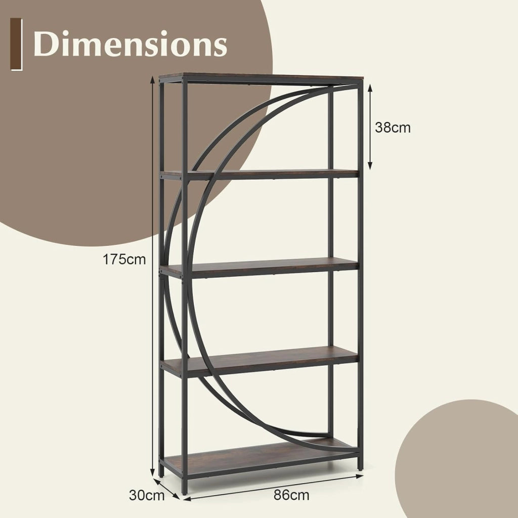 Libreria a 5 piani autoportante con 5 ripiani aperti, scaffale da esposizione industriale con design a mezzaluna per casa e ufficio, 86 x 30 x 175 cm (marrone)