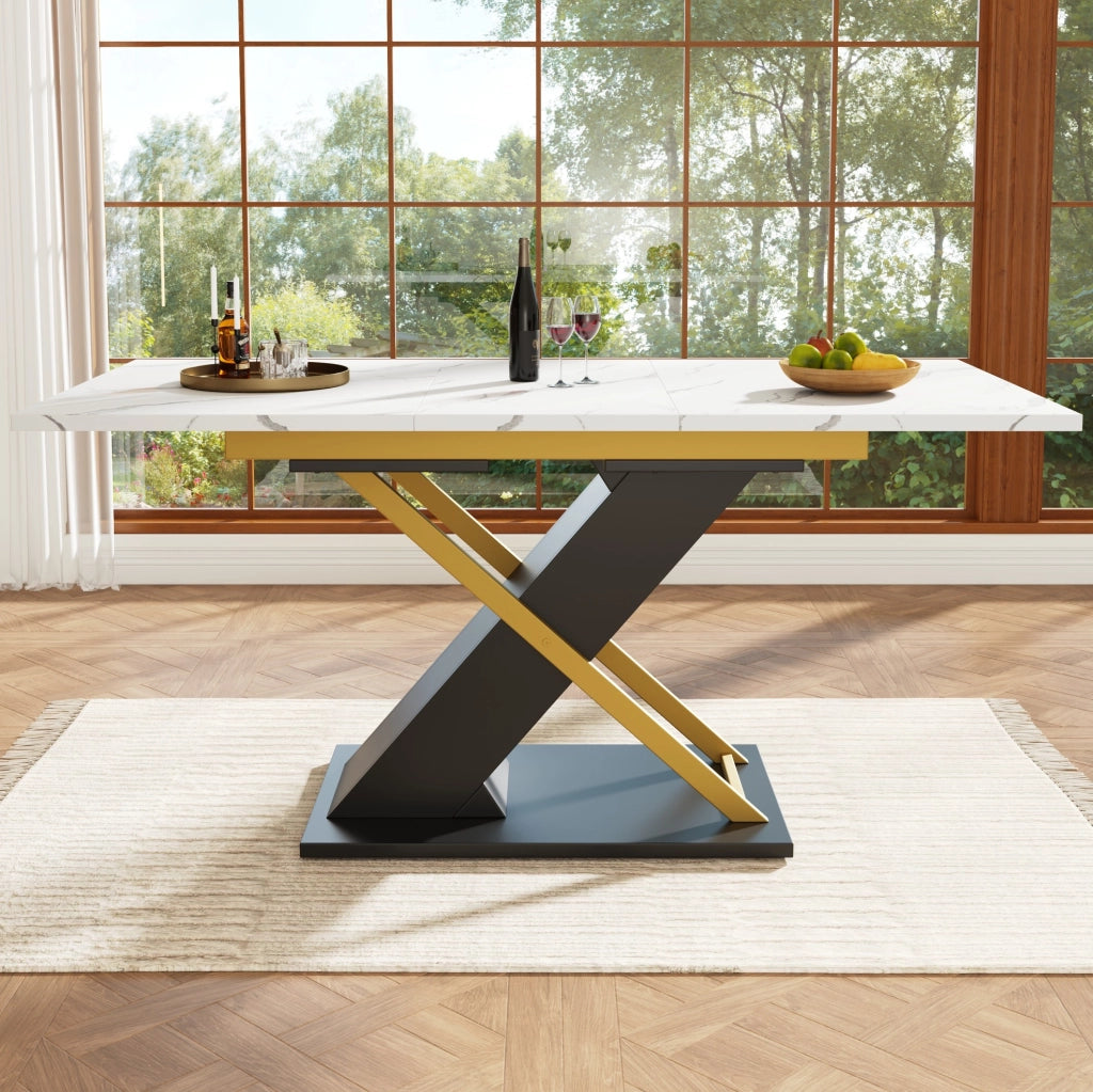 Tavolo da pranzo 120-160x80x75.4 cm allungabile; MDF effetto marmo nero con gambe incrociate