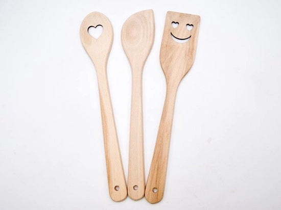 Hulpen da Cucina in Legno di Alta Qualità, 3-Del - Lepelli in Legno e Set di Accessori Culinari Piccolo con Motivo Amore