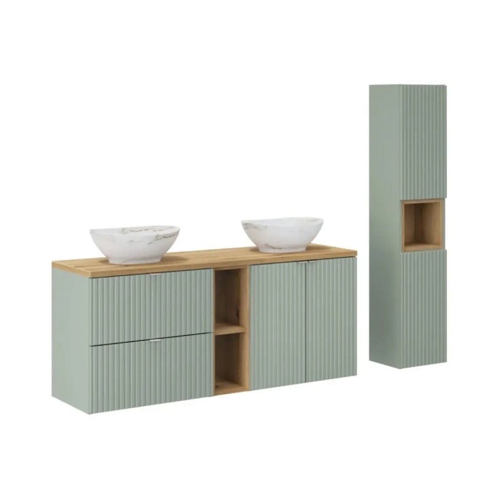 Insieme ELVINA 170cm: mobili sotto lavabo con nicchie visibili a cassetti e armadietti + due lavabi da appoggio marmorizzati + colonna