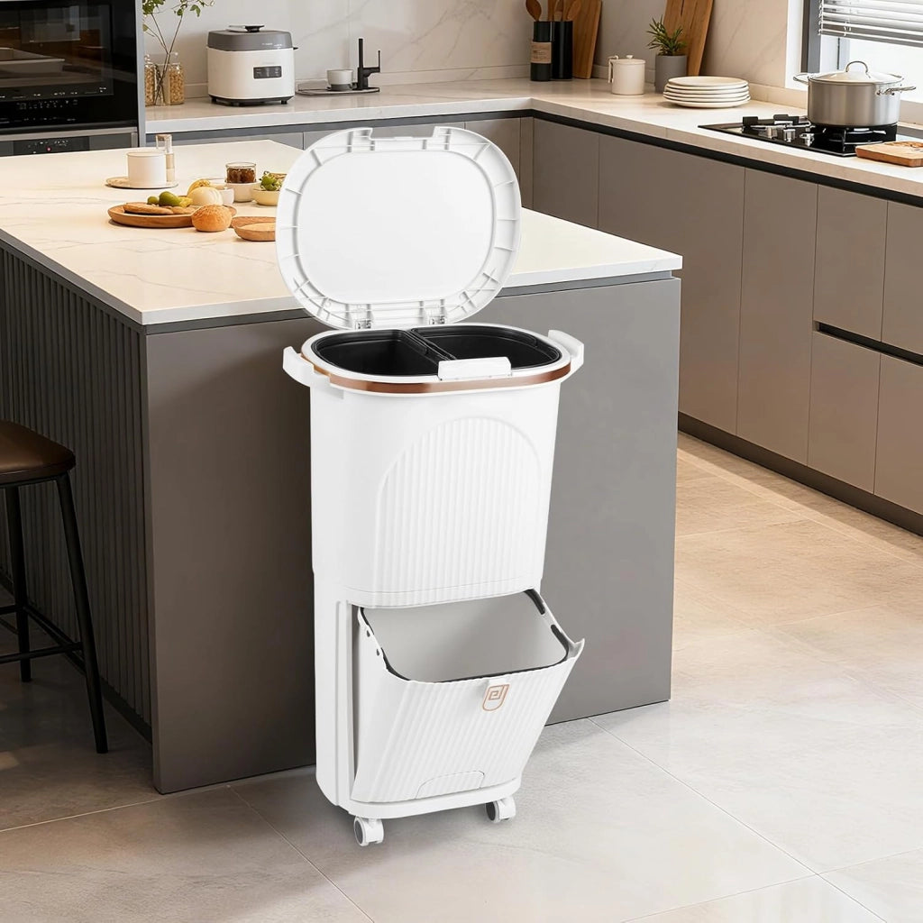 38 L（12+12+14 L） Pattumiera Differenziata, Secchio Spazzatura a 3 Scomparti con Coperchi, 2 Secchi Rimovibili Pedale e Ruote, Bidoni Differenziata per Bagno Cucina Ufficio
