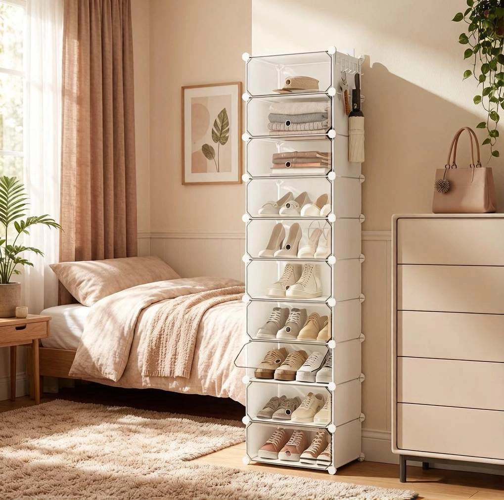 Scarpiera modulare ULEVR 40x30x170 cm con 10 scomparti e ante, in PP e metallo, bianca
