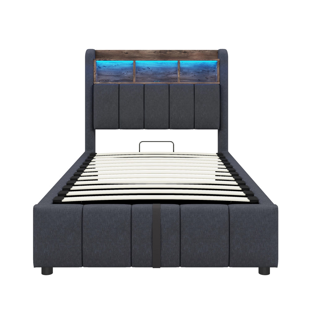 Letto imbottito con LED e porta USB Tipo C; contenitore idraulico 90x200 cm; grigio