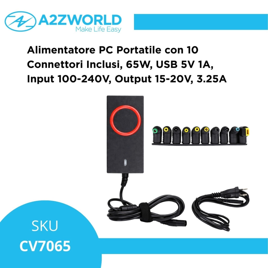 Alimentatore Universale Laptop 65W, Output 15–20V 3.25A, 10 Connettori