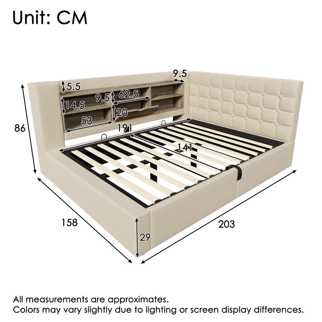 OKWISH Letto Contenitore 140×190 cm, Letto Matrimoniale con LED, USB, Tipo C e Testiera a L, senza Materasso, in Lino, Beige