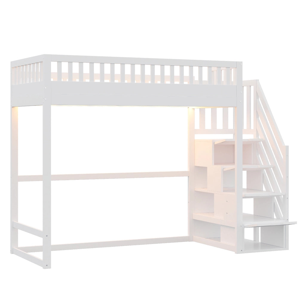Letto a soppalco 90 x 200 cm con scala contenitore reversibile e LED; bianco
