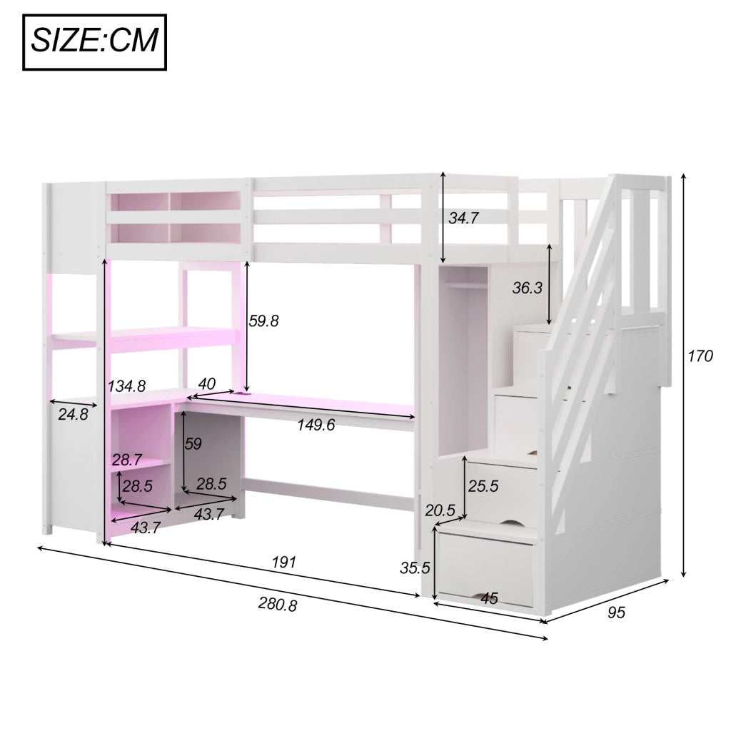 OKWISH Letto a soppalco 90×200 cm, Letto Singolo con Scrivania, Armadio, LED Multicolore, Prese e Mensole, senza Materasso, Bianco