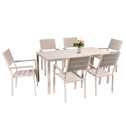 Set Tavolo da Giardino con 6 Sedie in Acciaio e Piano HDPE Effetto Teak, Tavolo Esterno Rettangolare Moderno Resistente alle Intemperie, Arredo Outdoor Terrazzo Balcone Beige