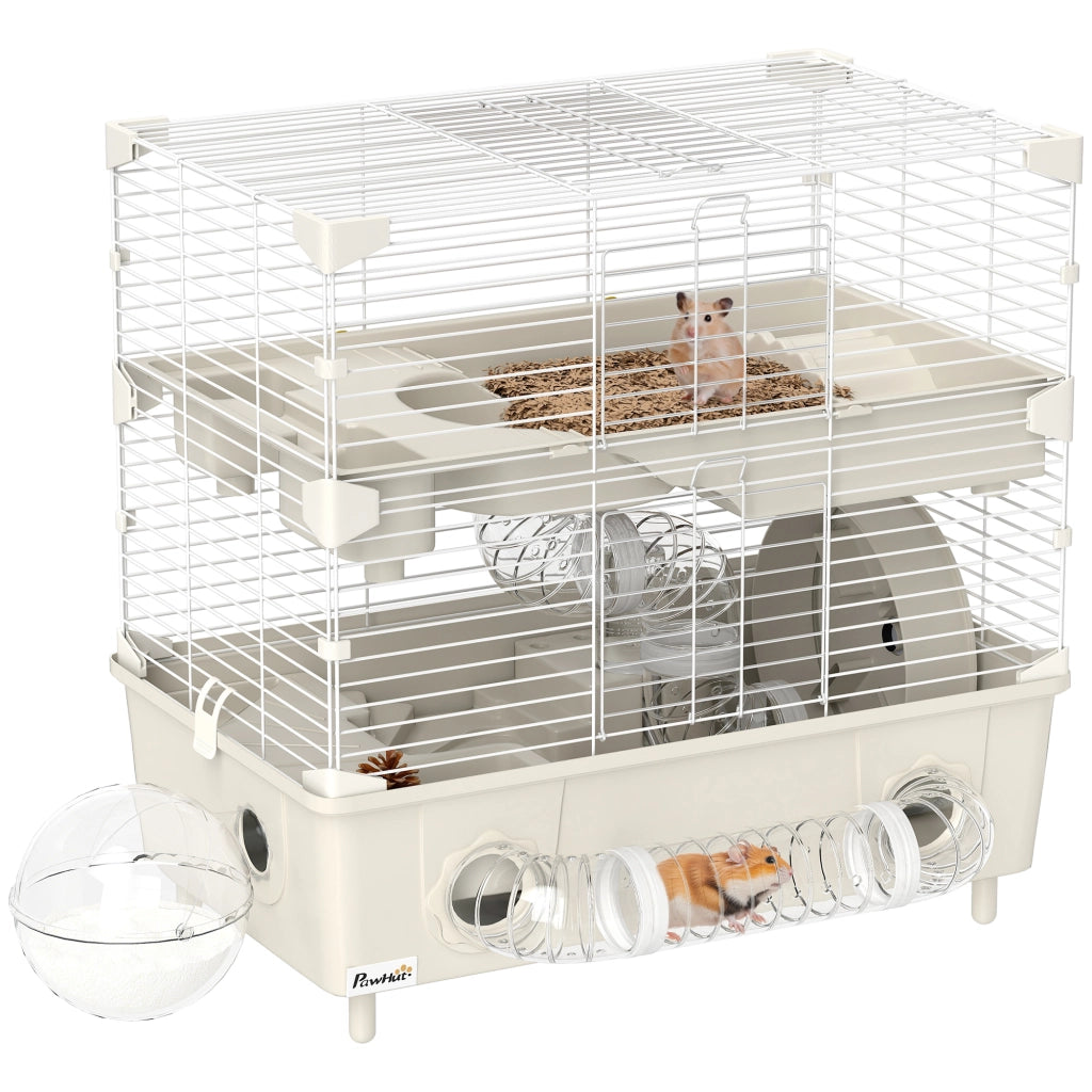 Gabbia per Criceti a 2 Livelli con 3 Porte, Ruota e Tubi ¨C zephmum ¨C Acciaio, PS e PP, Crema e Bianco, 44.5x28x44 cm