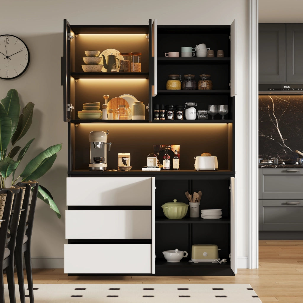 Credenza da cucina con 6 ante; 3 cassetti e LED - per cucina - 120.5×40×180 cm - bianco e nero