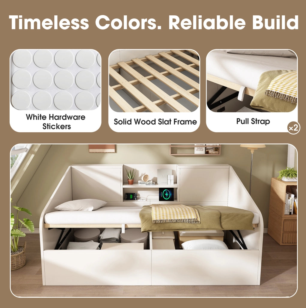 Letto da giorno 90x200 cm bianco in legno con contenitore; 2 ripiani e porta USB