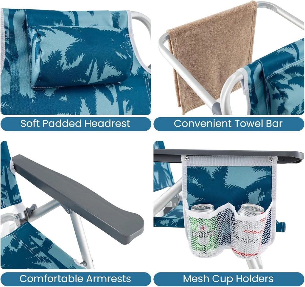 Sedie da spiaggia pieghevoli con tavolo, sedie da campeggio con poggiatesta e schienale regolabile, beach chair con sacchetto di ghiaccio e portabevande e custodia fino a 136/150 kg (modello