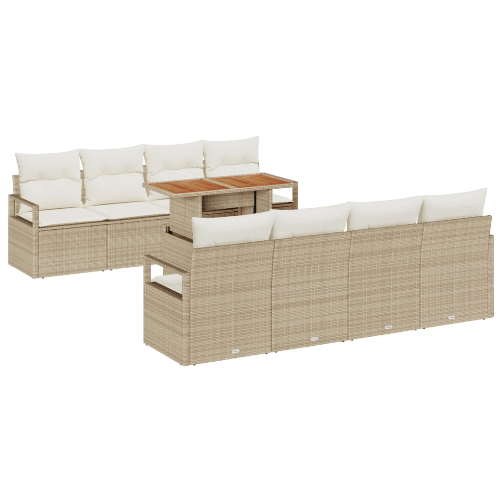 Set Divano da Giardino  9 Pezzi con Cuscini Beige Rattan Sintetico Acacia