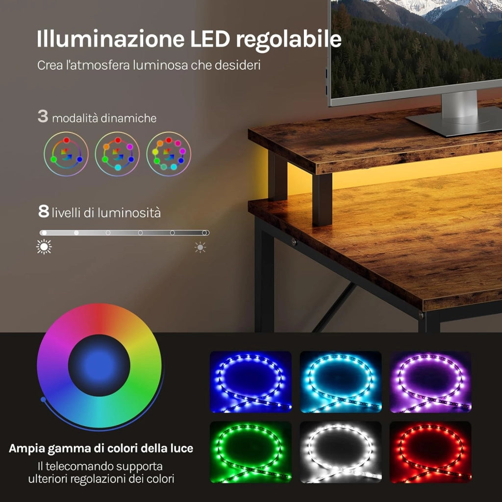 Scrivania Angolare 180x80x84 cm con 5 Cassetti e 2 Ripiani, Scrivania per Computer a L con LED, 2 Prese, 1 Porta USB e 1 Porta Type-C, per Ufficio, Gioco, Studio, Marrone Rustico