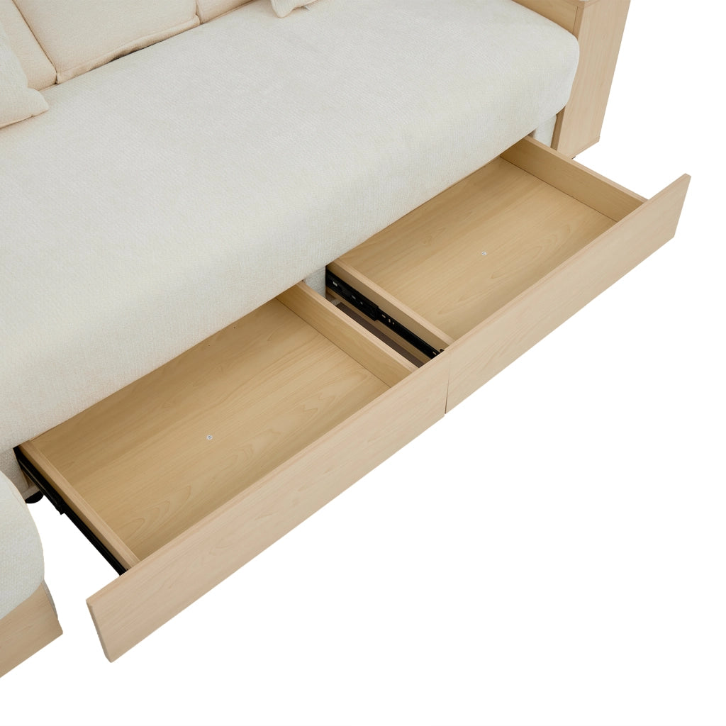 Divano letto con contenitore, schienale a 3 posizioni, in chenille beige, con cassetti e portabicchieri