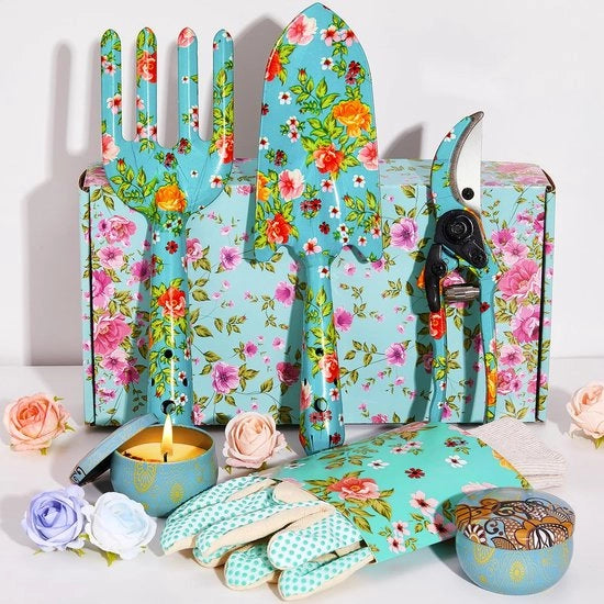 Set di giardinaggio per donne, 6 pezzi, con stampa di fiori, inclusa zappa, forca, forbici, 2 candele e guanti, regalo per Madre, regalo di compleanno per donne, per giardinieri