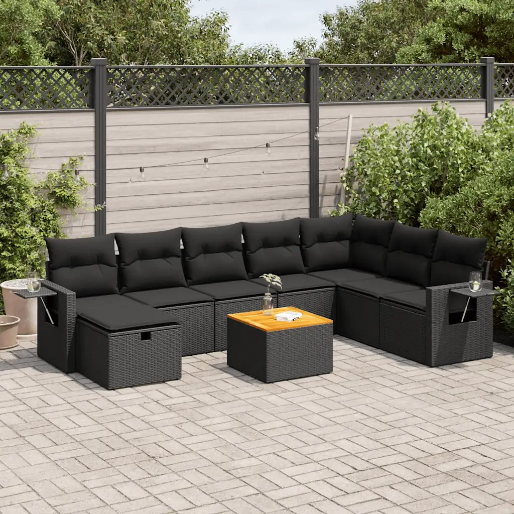 Set Divani da Giardino 9 pz con Cuscini Nero in Polyrattan 3325828